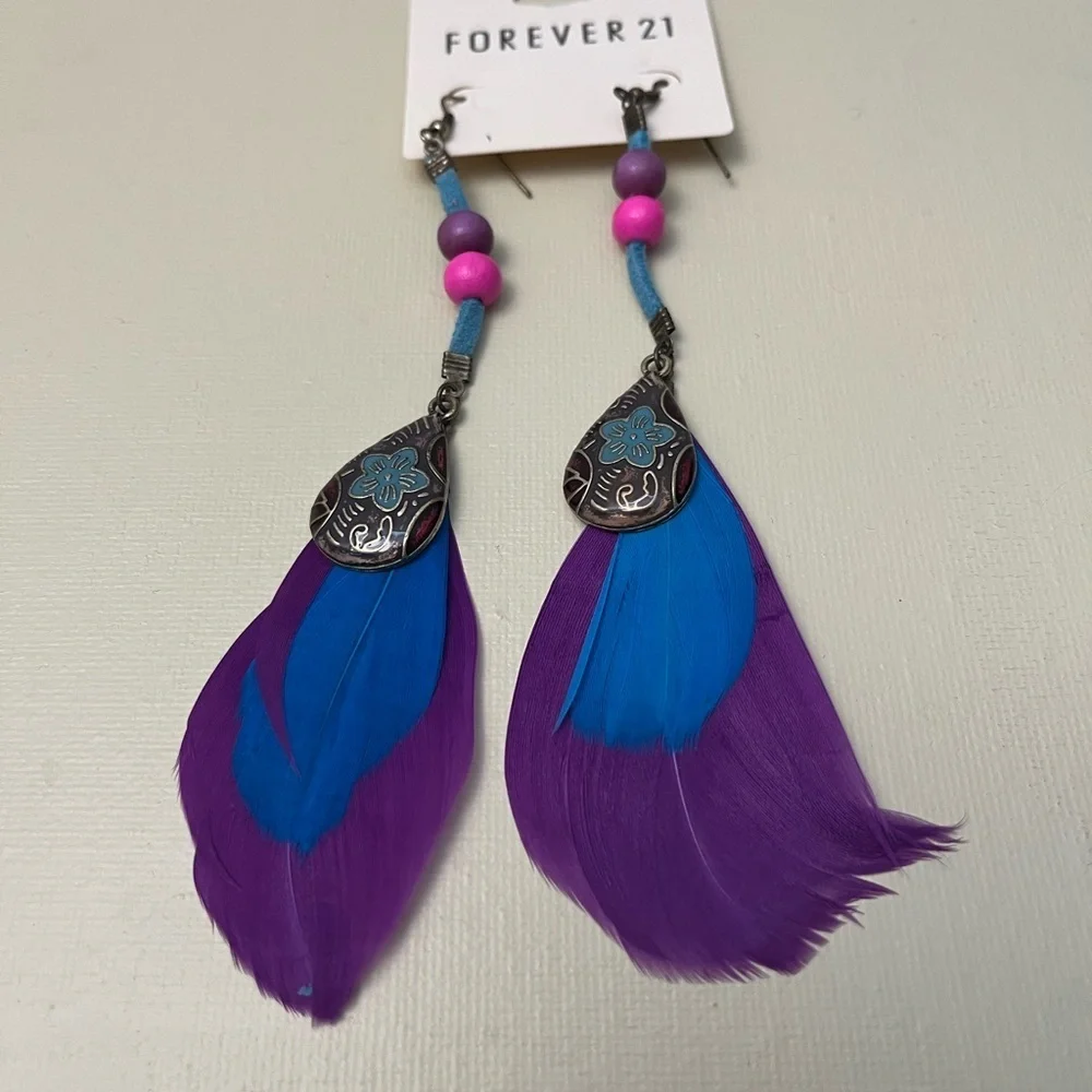 Forever 21 Colorful Boho Feather Earrings Purple & Blue